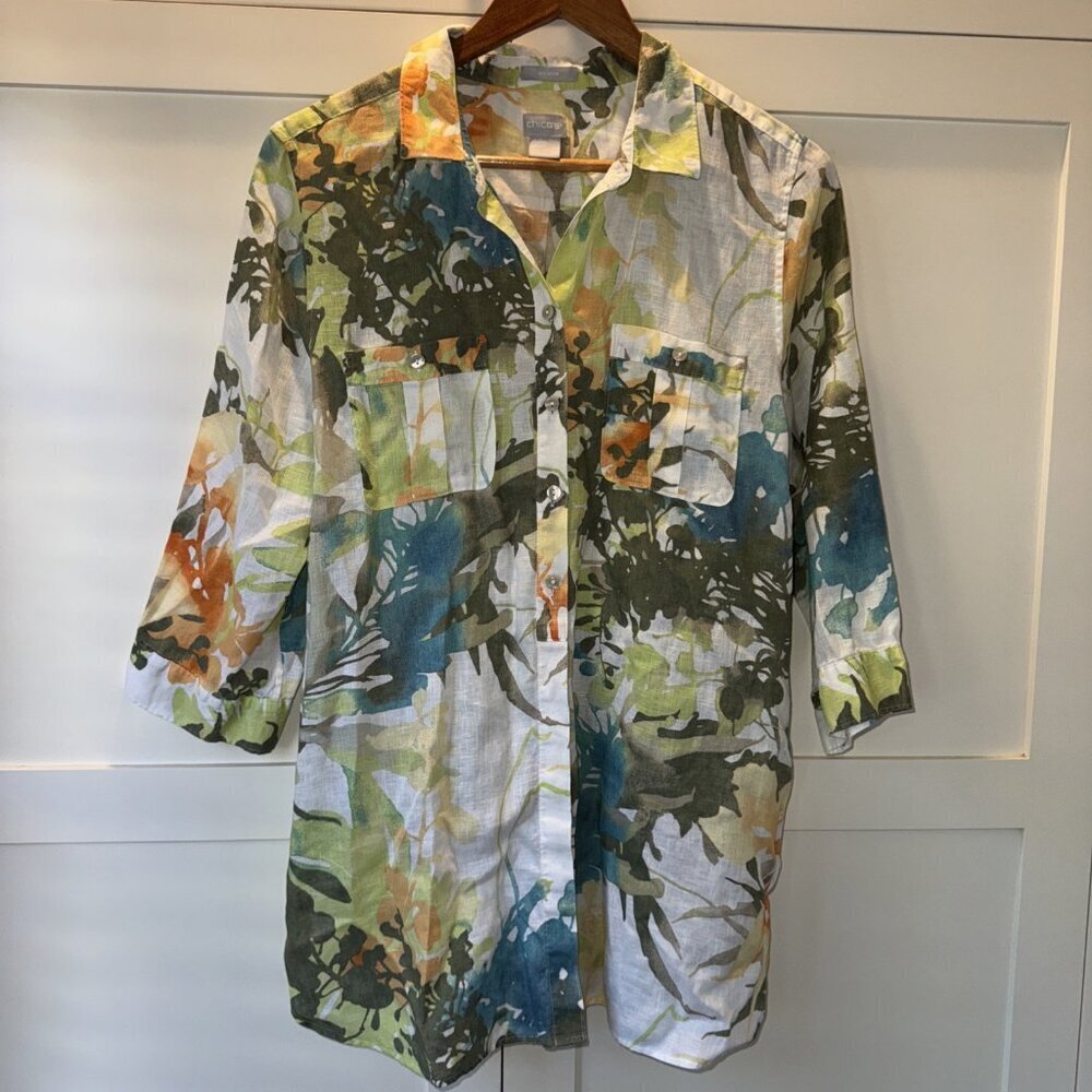 Chico's No-Iron Linen Floral Paradise Shirt Size: 2 US Size 12 - Picture 4 of 16